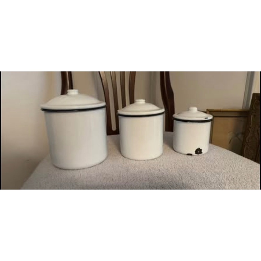 Vintage Inspired White Enamel Coffee Tea Sugar Canister Set of 3 Farmhouse - Picture 3 of 8
